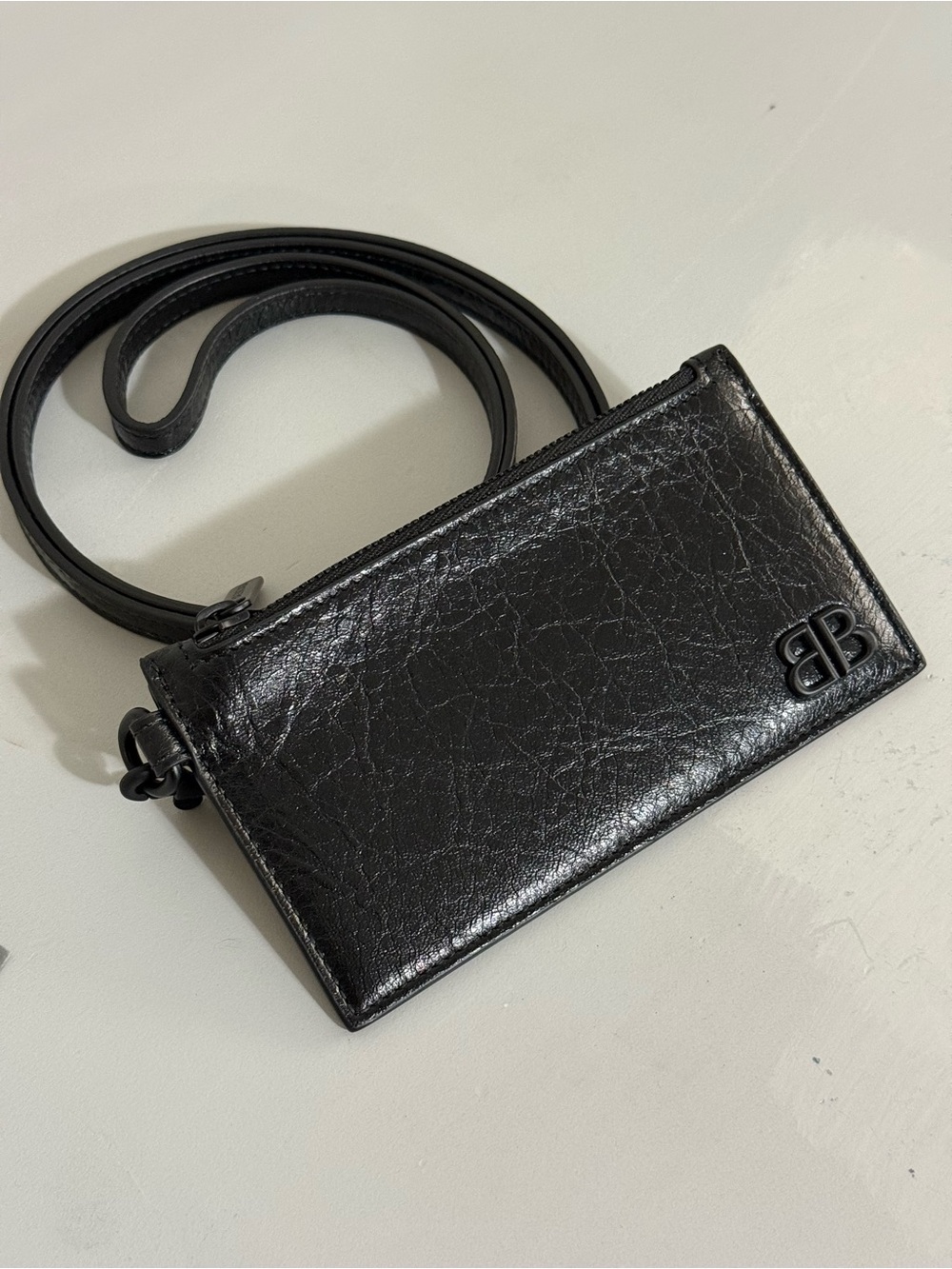 BALENCIAGA Black Leather Crossbody Card Holder NEW